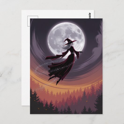 Halloween Spooky Witch Vliegen Over Een Volle Maan Briefkaart (Voorkant / Achterkant)