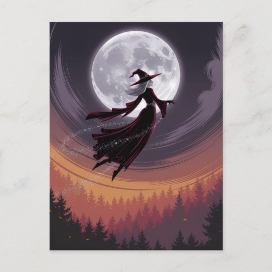 Halloween Spooky Witch Vliegen Over Een Volle Maan Briefkaart (Voorkant)