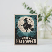 Halloween Spooky Witch Vliegen Over Een Volle Maan Briefkaart (Staand voorkant)