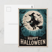 Halloween Spooky Witch Vliegen Over Een Volle Maan Briefkaart (Voorkant / Achterkant)