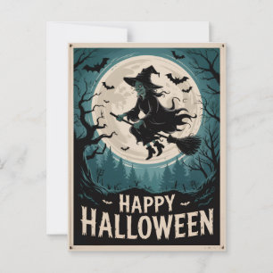 Halloween Spooky Witch Vliegen Over Een Volle Maan Briefkaart