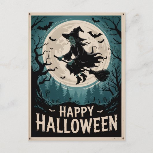 Halloween Spooky Witch Vliegen Over Een Volle Maan Briefkaart (Voorkant)