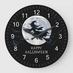 Halloween Spooky Witch Vliegen Over Een Volle Maan Grote Klok