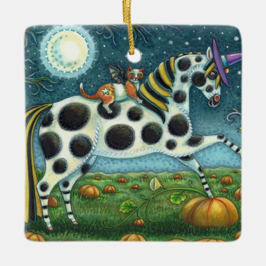 HALLOWEEN SPOTTED PONY & BAT CAT Fantasy Horse Keramisch Ornament (Voorkant)