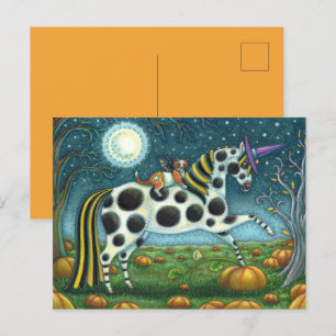 HALLOWEEN SPOTTED PONY & BAT CAT Whimsical Horse H Briefkaart