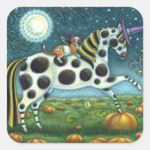HALLOWEEN SPOTTED PONY & BAT CAT Whimsical Horse H Vierkante Sticker