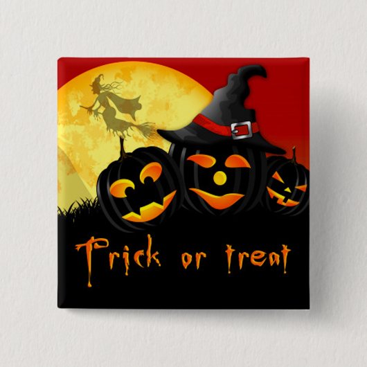 Halloween Square Button/Flying Witch and Pumpkins Vierkante Button 5,1 Cm (Voorkant)