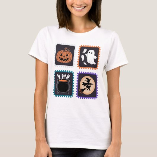 Halloween Stamp Borduurwerk Design – Pompoen, Ghos T-shirt (Voorkant)