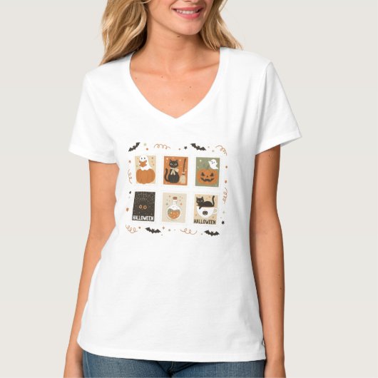 Halloween Stamp Panel T-Shirt – Schattigee Pinguïn (Voorkant)