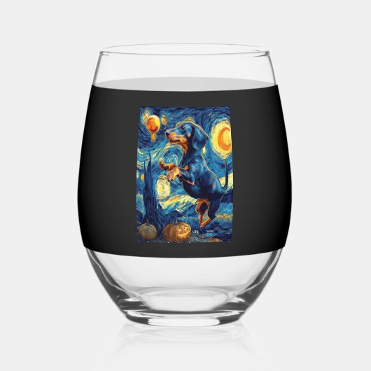 Halloween Starry Night Puppy Dachshund Wijnglas Zonder Voet (Voorkant)