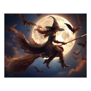 Halloween Steampunk Heks Maneschijn Vlucht Foto Afdruk