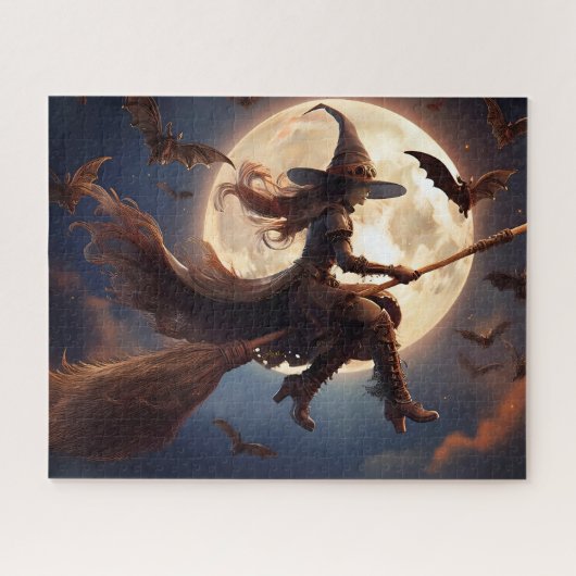 Halloween Steampunk Heks Maneschijn Vlucht Legpuzzel (Horizontaal)