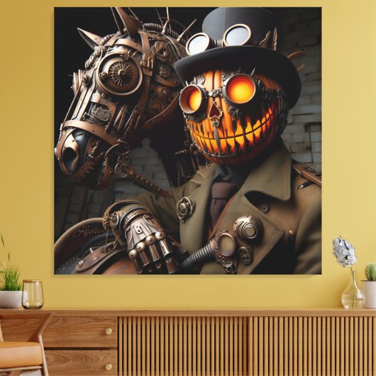 Halloween Steampunk Jack-O-Lantern Horseman Canvas Afdruk (Insitu (Woonkamer))