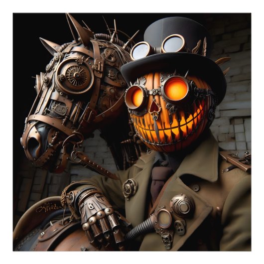 Halloween Steampunk Jack-O-Lantern Horseman Foto Afdruk (Voorkant)