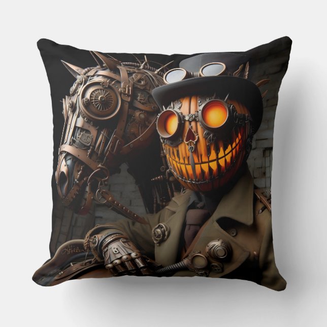 Halloween Steampunk Jack-O-Lantern Horseman Kussen (Voorkant)