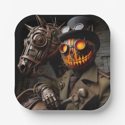 Halloween Steampunk Jack-O-Lantern Horseman Papieren Bordje (Voorkant)
