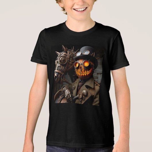 Halloween Steampunk Jack-O-Lantern Horseman Tri-Blend Shirt (Voorkant)