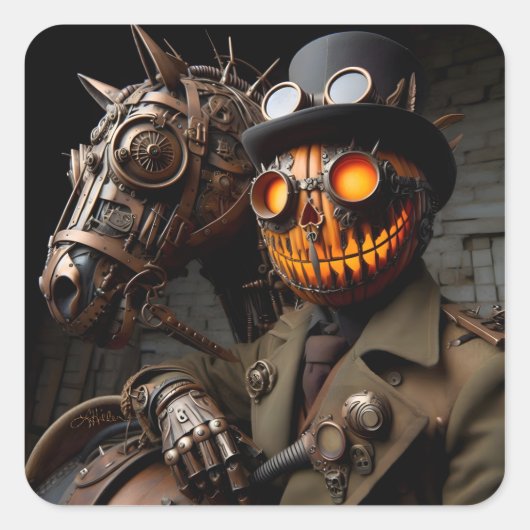 Halloween Steampunk Jack-O-Lantern Horseman Vierkante Sticker (Voorkant)