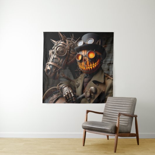 Halloween Steampunk Jack-O-Lantern Horseman Wandkleed (In situ)