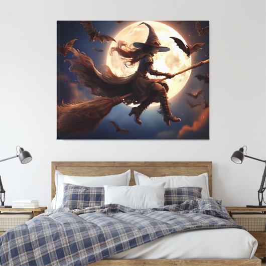 Halloween Steampunk Witch Moonlight Flight Canvas Afdruk (Insitu (Slaapkamer))