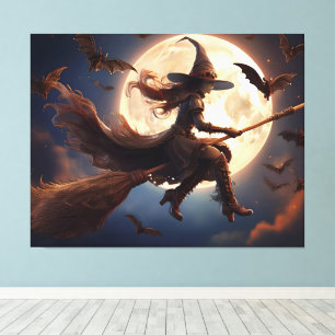 Halloween Steampunk Witch Moonlight Flight Canvas Afdruk