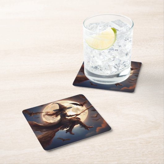 Halloween Steampunk Witch Moonlight Flight Kartonnen Onderzetters (Insitu)