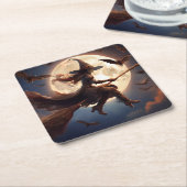 Halloween Steampunk Witch Moonlight Flight Kartonnen Onderzetters (Schuin)
