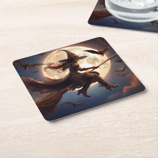 Halloween Steampunk Witch Moonlight Flight Kartonnen Onderzetters (Schuin)