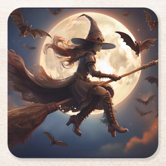 Halloween Steampunk Witch Moonlight Flight Kartonnen Onderzetters (Voorkant)