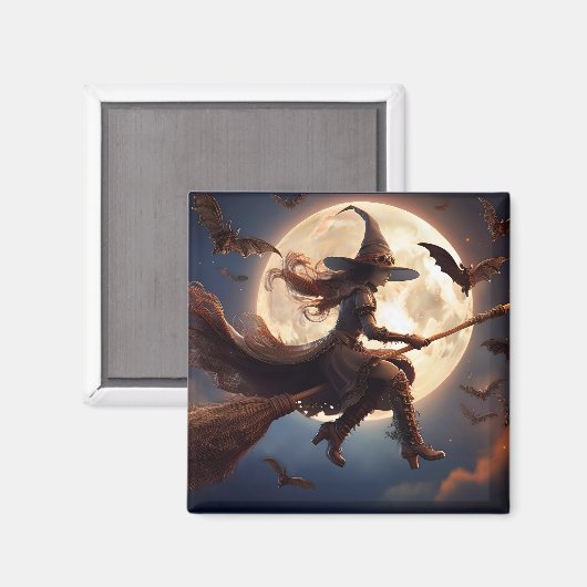 Halloween Steampunk Witch Moonlight Flight Magneet (Voorkant / Achterkant)