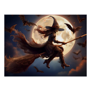 Halloween Steampunk Witch Moonlight Flight Perfect Poster