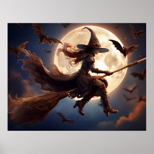Halloween Steampunk Witch Moonlight Flight Poster (Voorkant)