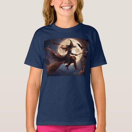 Halloween Steampunk Witch Moonlight Flight T-shirt (Voorkant)