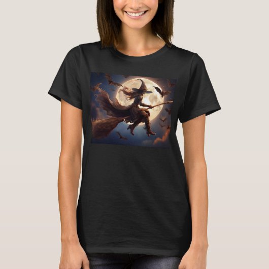 Halloween Steampunk Witch Moonlight Flight T-shirt (Voorkant)