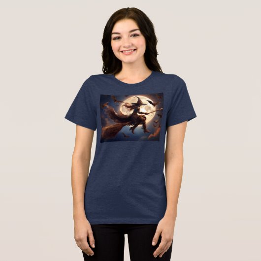 Halloween Steampunk Witch Moonlight Flight Tri-Blend Shirt (Voorkant volledig)