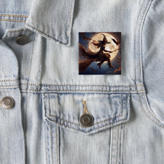 Halloween Steampunk Witch Moonlight Flight Vierkante Button 5,1 Cm (In situ)