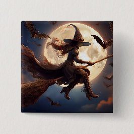 Halloween Steampunk Witch Moonlight Flight Vierkante Button 5,1 Cm