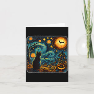 Halloween Sterrennacht Zwarte Kat Pompoenen Kunst Kaart