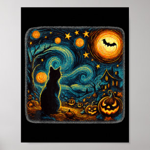 Halloween Sterrennacht Zwarte Kat Pompoenen Kunst  Poster