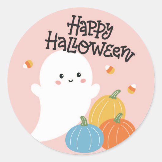 Halloween Sticker met roze Ghost en Snoep (Voorkant)