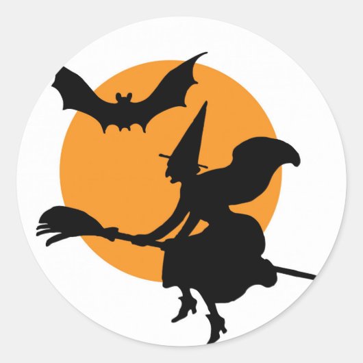 Halloween sticker met vliegende heks. (Voorkant)