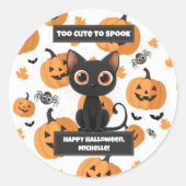 Halloween Sticker: Te Schattige om een zwarte kat Ronde Sticker (Voorkant)