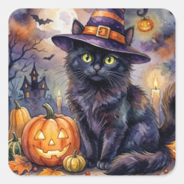 Halloween Sticker - Waterverf Zwarte Kat Heksenhoe