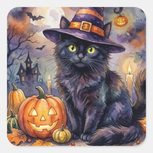 Halloween Sticker - Waterverf Zwarte Kat Heksenhoe (Voorkant)