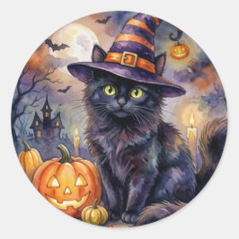 Halloween Sticker - Waterverf Zwarte Kat Heksenhoe