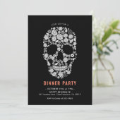 Halloween Sugar Skull Black Floral Dinner Party Kaart (Staand voorkant)
