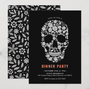 Halloween Sugar Skull Black Floral Dinner Party Kaart