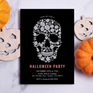 Halloween Sugar Skull Black Floral Invitation Kaart