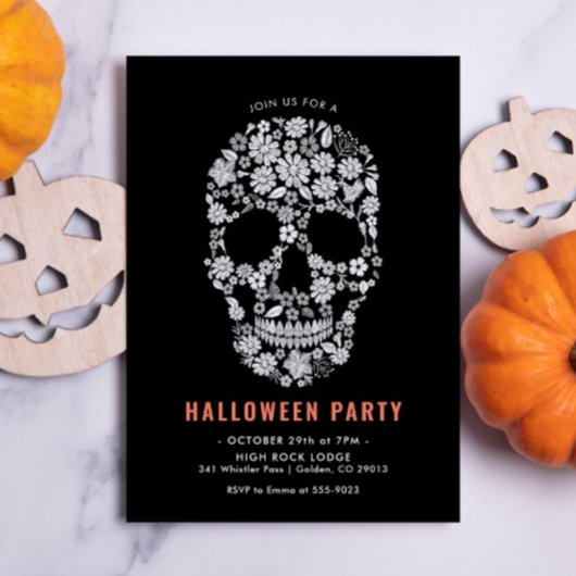 Halloween Sugar Skull Black Floral Invitation Kaart