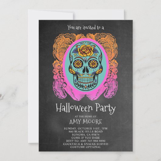 Halloween Sugar Skull Chalkboard Party Invitation Kaart (Voorkant)